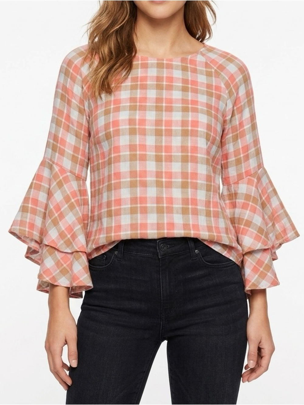 LC Lauren Conrad Peach Pink and Tan Plaid Bell-Sleeve Blouse